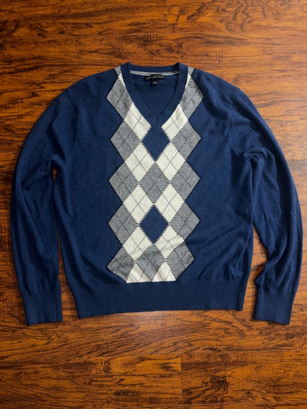 Banana Republic Luxury Cashmere Blend Sweater Navy Blue Argyle Wool Blend